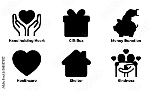 Charity, Donation, and Kindness Icons, Black Silhouettes, Social Support Symbols