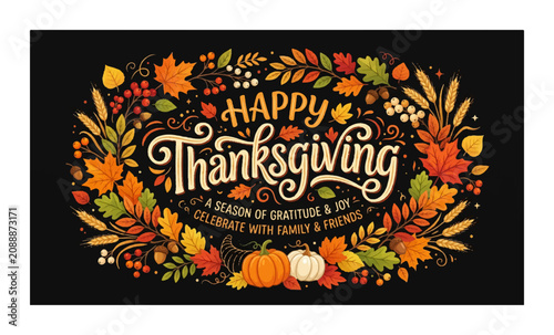 Happy Thanksgiving, autumn leaves, seasonal greeting, fall decoration, vector illustration