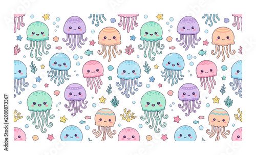 Colorful jellyfish, cute cartoon sea creatures, underwater ocean pattern, pastel colors