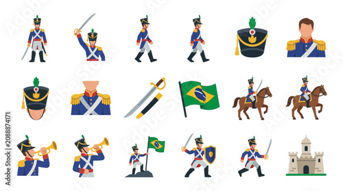 Принти на полотні Set of Brazilian imperial guard icons featuring soldiers uniforms and historical symbols