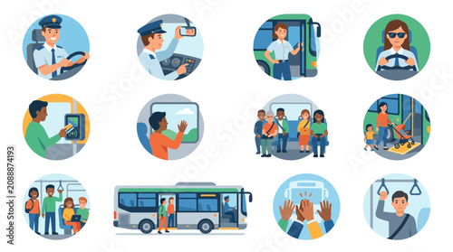 Foto Set of flat vector icons showing bus drivers and passengers in various urban transport situations