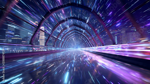 Speeding through futuristic glowing tunnel with cityscape background, motion blur streaks, ideal for technology websites, sci-fi concepts and future city promotions
