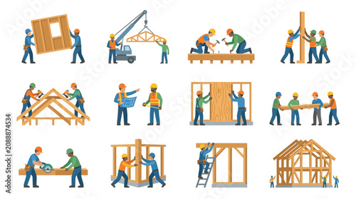 Foto Set of construction workers building a wooden house frame with various tools and equipment