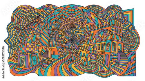 Fotografie Psychedelic Cityscape Abstract Art: Distorted Architecture, Vibrant Colors, Opti
