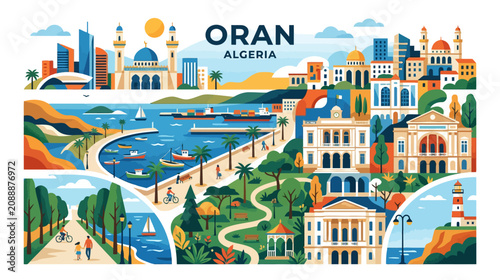 Vibrant illustrated panorama of oran algeria featuring iconic architecture and scenic waterfront views capturing the city's