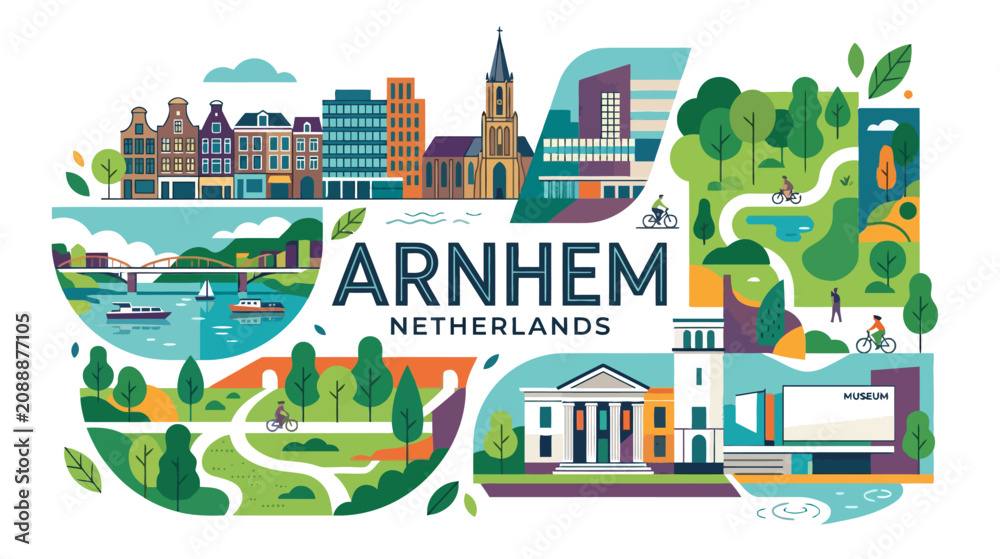 Obraz premium Vibrant illustrated collage showcasing Arnhem Netherlands cityscape with cultural landmarks natural parks and outdoor
