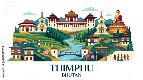 Vibrant digital illustration showcasing Thimphu's lush landscape, iconic architecture, and cultural elements capturing the