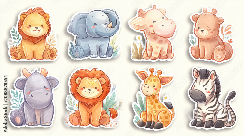 Naklejka premium Cute Baby Animal Stickers Set Featuring Adorable Jungle Wildlife Characters