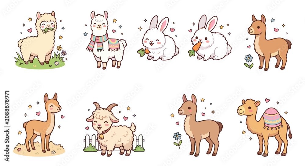 Fototapeta premium Llama and rabbit sticker set in cute style.