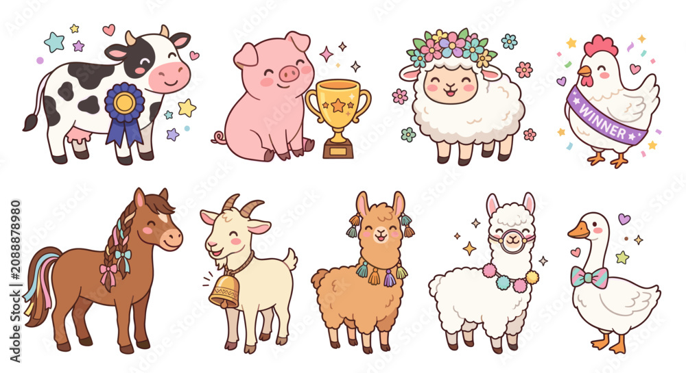 Fototapeta premium Prize-winning farm animals with trophies and ribbons.