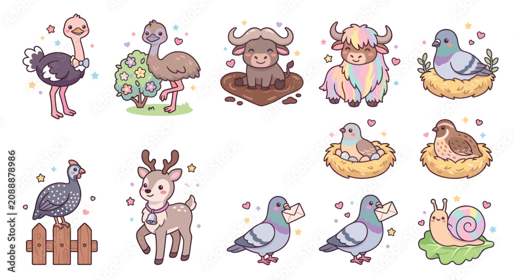 Fototapeta premium Assorted birds and mammals kawaii sticker set.