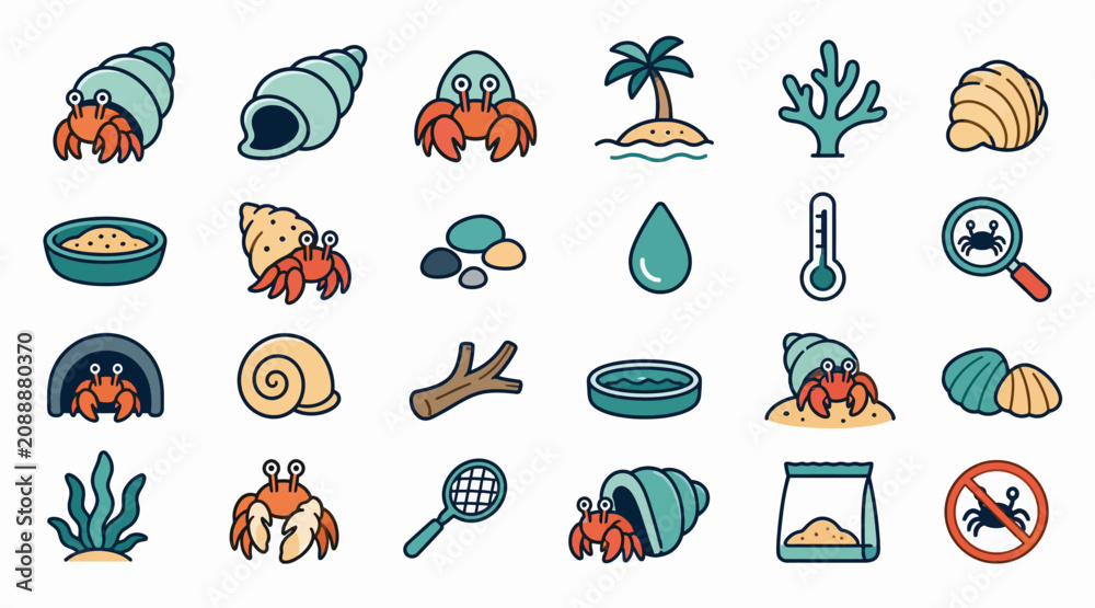 Obraz premium Colorful flat illustration of tropical beach and sea life icons.