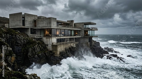 Modern concrete mansion perched on rugged cliffside with crashing ocean waves below