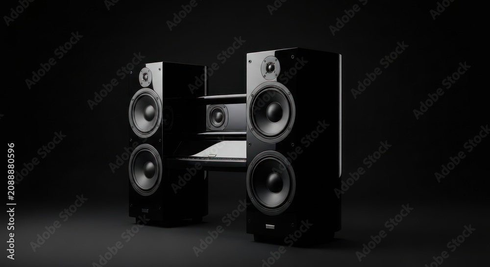 Fototapeta premium Sleek black audio system with two large speakers and a central unit