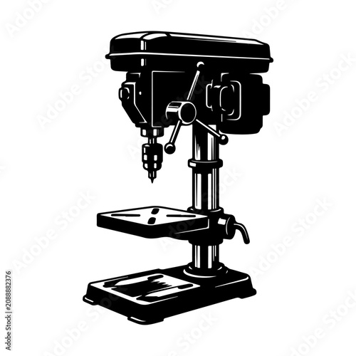 Black and White Illustration of a Drill Press Machine.