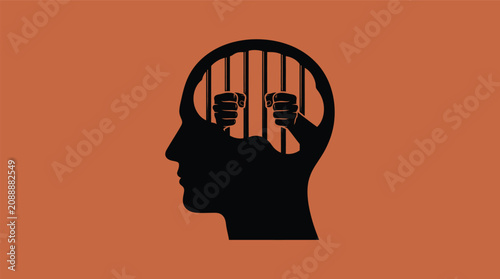 Fotografía Mental Prison Concept with Human Head Profile and Jail Bars