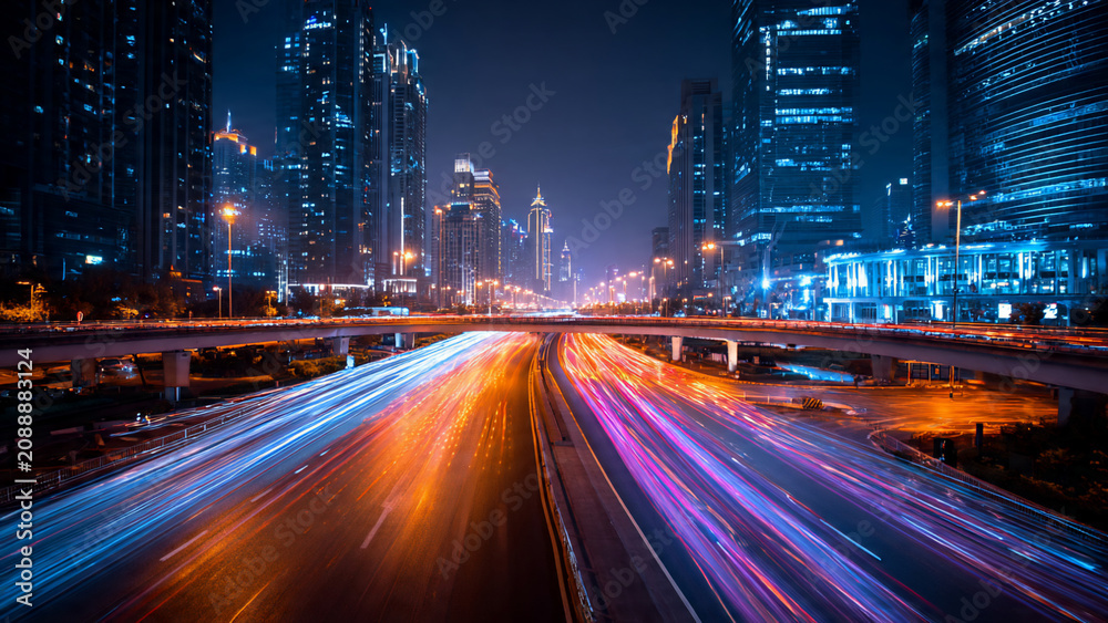Naklejka premium Vibrant light trails from cars on a highway at night amidst modern skyscrapers, aerial view, ideal for urban travel, city logistics and technology advertising