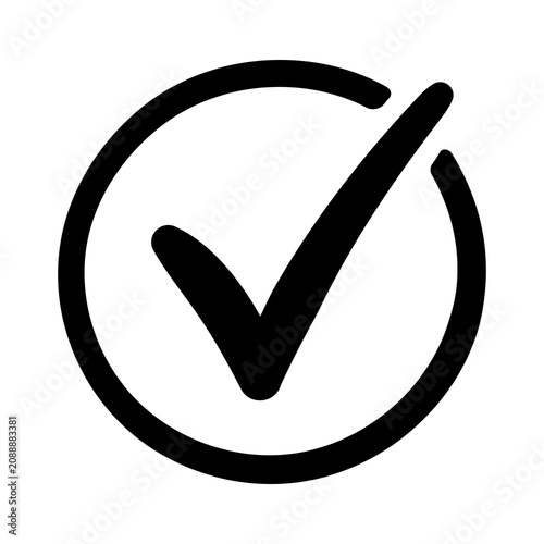 Minimalist hand-drawn black circle check mark icon for approval and success symbol.