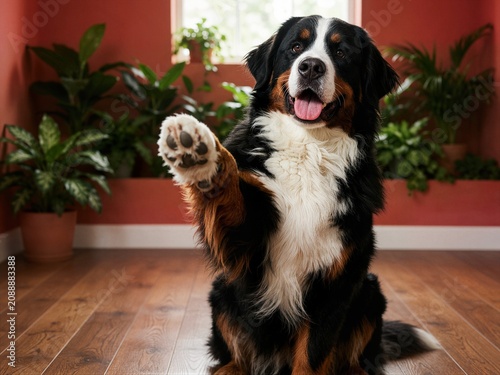 Bernese Mountain Dog raising paw giving high five in vibrant room for dog training school marketing and pet product banner