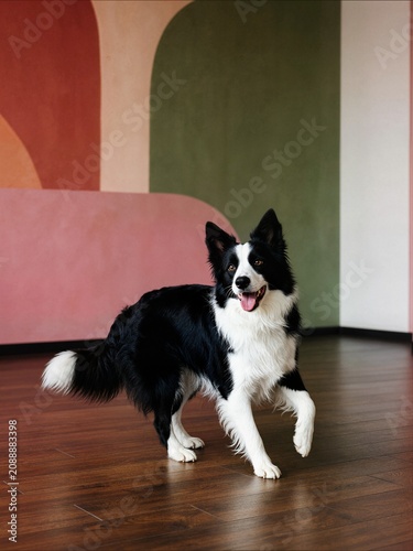 Border Collie dog posing happily in colorful modern room for canine agility brand marketing and pet care website illustration