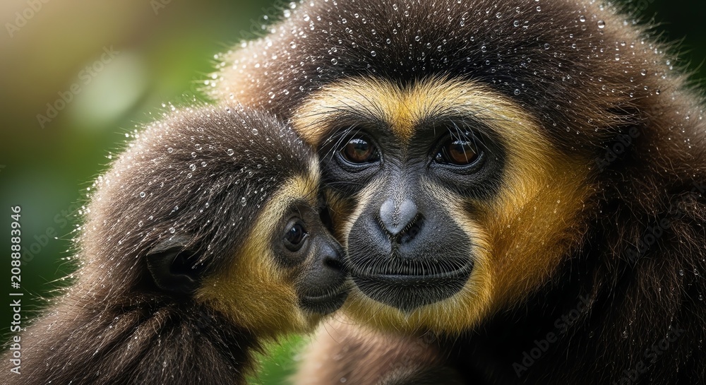 Fototapeta premium A mother gibbon tenderly cradles her infant, their affectionate embrace set against the verdant, sun-dappled foliage of their natural jungle habitat, showcasing a poignant display of primate