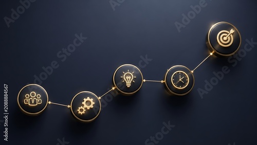 Business Strategy Progress Timeline Concept with Glowing Golden Icons on Dark Background