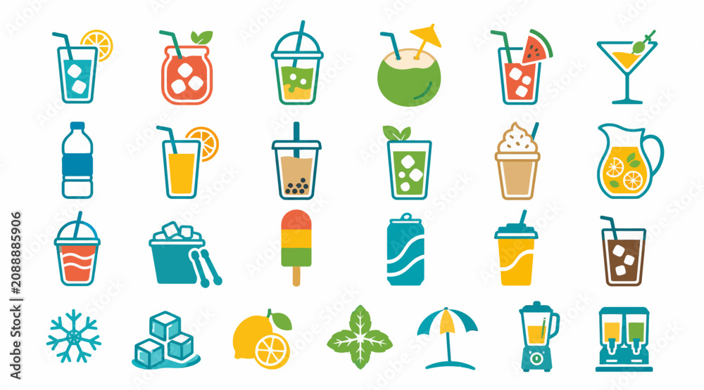 Εκτύπωση καμβά Colorful summer drinks and tropical icons collection.