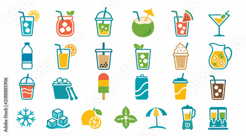 Photos Colorful summer drinks and tropical icons collection.