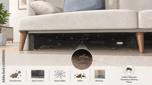 Hidden Mosquitoes Under Sofa in Modern Living Room Pest Control Vector Illustration
