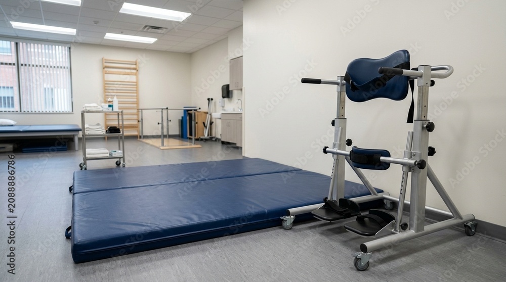 Obraz premium Standing frame rehabilitation device in a hospital physical therapy room positioned next to padded therapy mats - Healthcare and Hospital Stock Photo