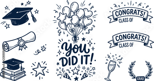 Fényképezés Graduation celebration icons including caps diplomas balloons and congratulatory