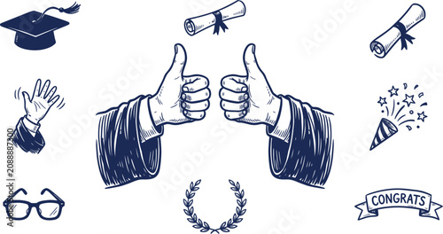 Schilderij op canvas Graduation celebration icons featuring thumbs up diplomas and academic cap hand-