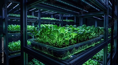 Indoor Hydroponic Farming System with Lettuce and Leafy Greens under LED Lighting