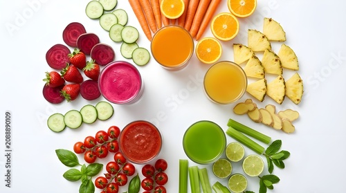 Vibrant assortment of fruit and vegetable juices in a color wheel arrangement with raw ingredients on white