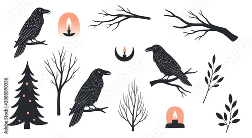 Konstfotografi Mystical collection of ravens branches and candles