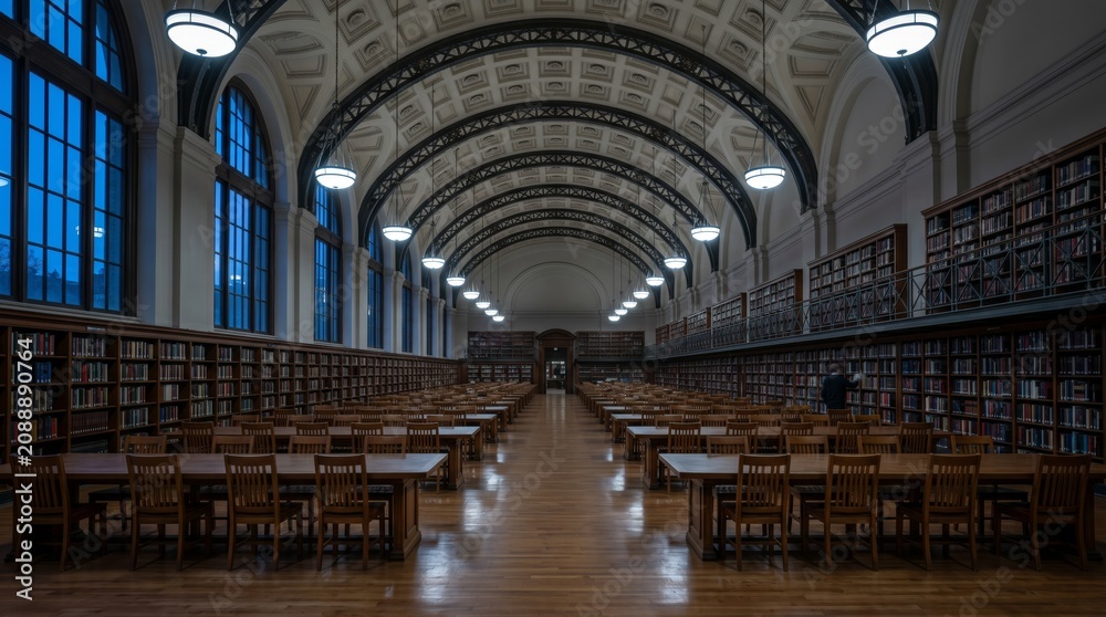 Obraz premium Candid Quiet Reading Room Reflecting Solitary Public Moments AI generated