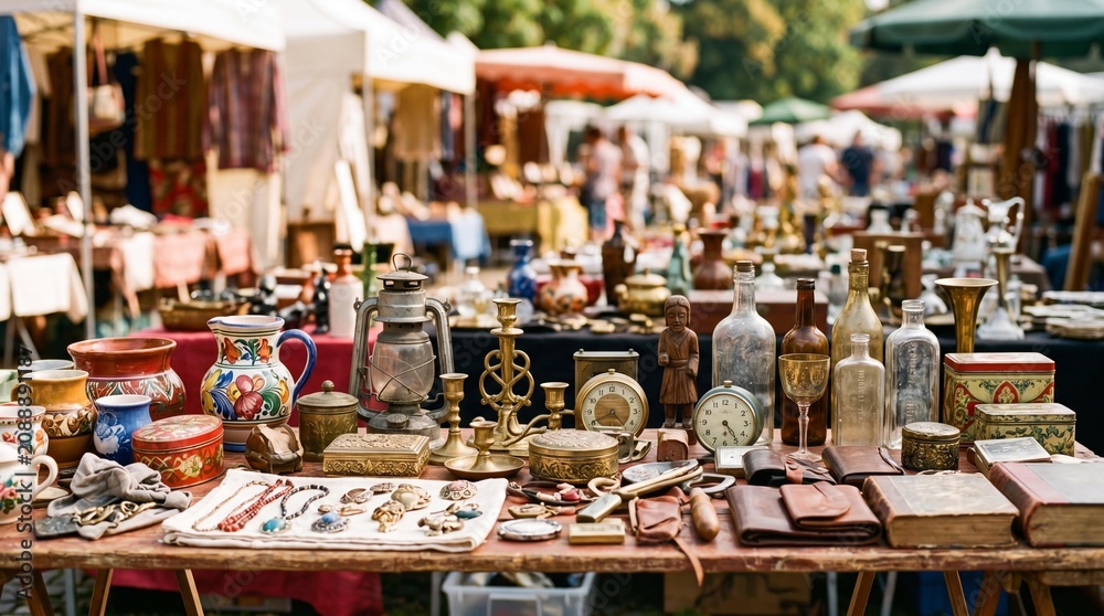 Fototapeta premium Vintage collectibles and antiques displayed on a table at an outdoor flea market