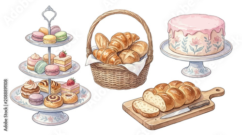 Obraz na plátně A delicious assortment of sweet and savory pastries, including croissants, cakes, and bread, arranged on various stands and a cutting board