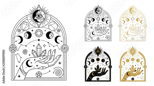 Bild auf Leinwand Mystic Hand Holding Crystals Under Moon Phases Arch