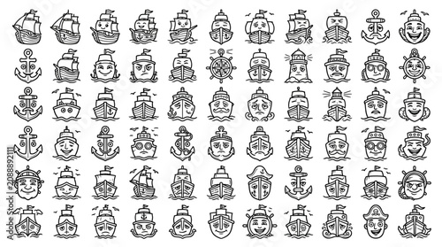 Collection of Hand-Drawn Ship and Anchor Icons with Expressive Faces