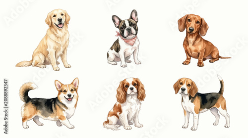 Bild auf Leinwand Six different breeds of dogs are sitting on a white background