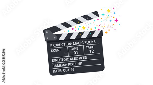 Black movie clapper board with confetti.