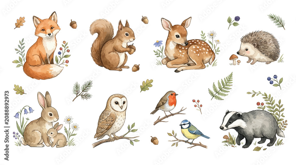 Obraz premium Forest animals gathering around plants and flowers in natural habitat scene