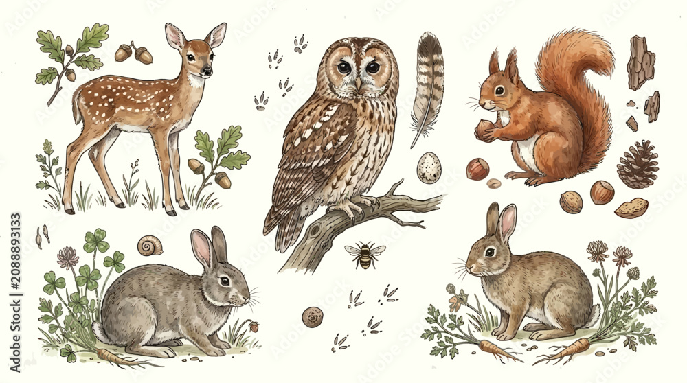 Naklejka premium Forest creatures including a deer, owl, squirrel, and rabbit in their natural habitat with plants and nuts.