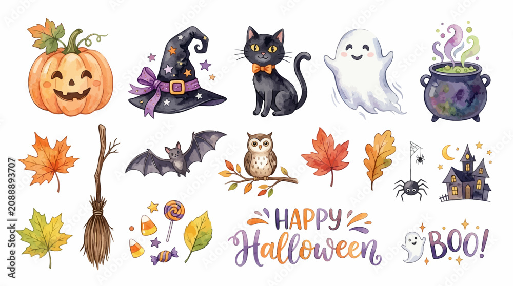 Fototapeta premium Halloween decorations and icons show a festive scene with pumpkin, cat, ghost, witch, and various autumn leaves.