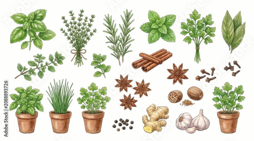 Bild auf Leinwand A vibrant assortment of herbs and spices on display including basil rosemary thy