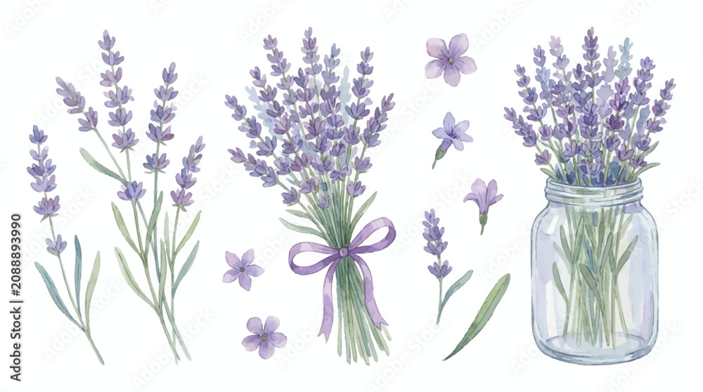 Obraz premium Lavender flowers in a mason jar with bouquets and scattered blooms on a table indoors