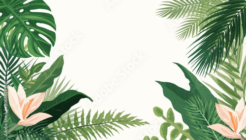Fotografie Elegant palm leaves, ferns, and soft pink lilies frame generous white space, ide