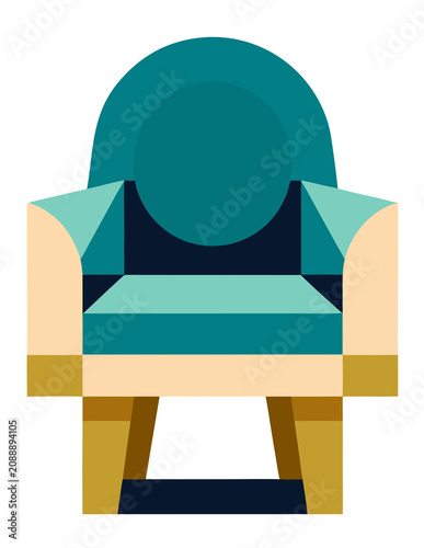 Modern teal upholstered armchair with wooden legs.