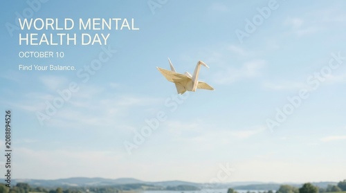 Origami paper crane flying in the blue sky for world mental health day event with text find your balance